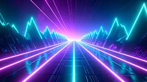 左右の山に挟まれた直線的なネオンロードと明るい光が差し込む近未来背景