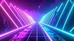 三角形のピンクと青のネオンフレームが並ぶ未来的なデジタル通路の背景
