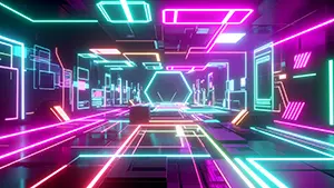 カラフルな長方形のネオンパネルが敷き詰められた近未来の通路背景