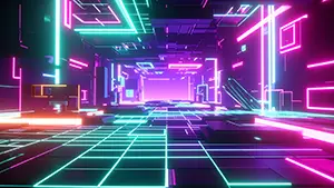 シアンとマゼンタのネオンラインが入り組んだ幾何学的なデジタル空間背景