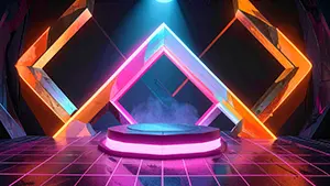 オレンジとピンクのネオンが輝く幾何学的なフレームと円形ステージの背景