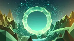 ローポリゴンの山脈と空中に浮かぶ光る八角形のデジタルポータル背景