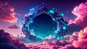 ピンクの雲海の中に浮かぶ巨大な機械仕掛けのポータルと光るドットの背景素材