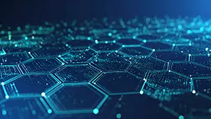 青白い光の粒と六角形のグリッドが広がる近未来のデジタルネットワーク背景素材