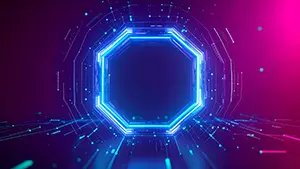 暗い空間に浮かび上がる青いネオンの八角形ゲートとデジタルライン背景素材