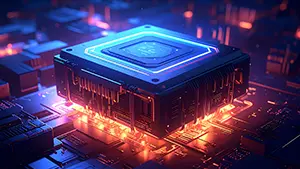 青と赤の光を放つ近未来的なCPUマイクロチップのデジタル背景素材