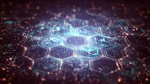 青白く光る六角形のグリッドと回路が広がる近未来的なデジタル背景