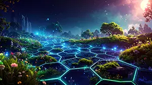 木々が生い茂る森の地面に青い六角形の光る網目があるデジタル背景