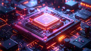 赤い光を放つ中央のCPUマイクロチップと基板の近未来背景素材