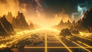 Desolate rocky mountain and starry sky planet landscape with orange glowing grid on ground