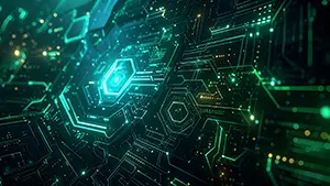 Image of electronic circuit with complexly intertwined green glowing lines and hexagonal patterns