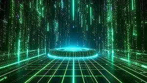 Green digital numbers falling like rain in a dark space with a glowing central stage