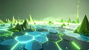 Virtual space nature landscape with green glowing hexagonal ground and low-poly plants