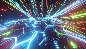 Warp expression with red and green light lines radiating from hexagonal cyber sphere