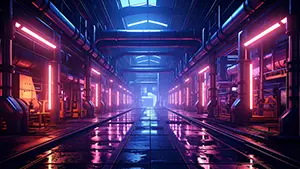 ピンクの縦型ネオンが並ぶ巨大な金属質の近未来通路背景イラスト