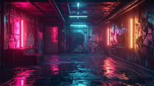 剥がれた壁にピンクと青のネオン灯が設置された廃墟風の近未来通路背景