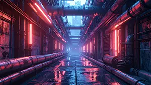 赤いネオンに照らされた重厚な金属配管があるサイバーパンクな通路背景