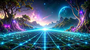 光るグリッドの地面と大きな月、輝く木々が描かれた近未来のデジタル森背景