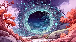木の枝と機械が絡み合った巨大な六角形ポータルとピンクの森の背景素材