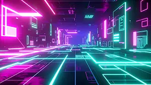 Futuristic cyberpunk tunnel with pink and blue neon lights forming geometric patterns