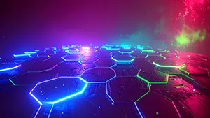 多彩なネオン光が床に反射する近未来的なヘキサゴンタイルの背景素材