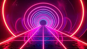 ピンクと青の円形ネオンライトが奥へと続くサイバーパンクなトンネル背景素材