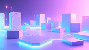 Bright pop abstract art with pastel cubes and electronic circuit lines