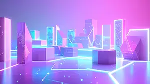 Cyber space with lined up abstract rectangular buildings glowing in pink and purple pastels