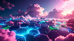 Fantasy sky city with blue glowing hexagonal honeycomb grid spreading under pink sea of clouds