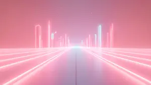 Futuristic city with straight road of light surrounded by pink and white glowing skyscrapers