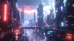 雨が降る暗い夜のサイバーパンク都市と赤いネオンサインが輝く背景イラスト