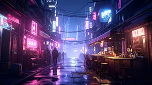 濡れた道路にピンクのネオンが反射する夜のサイバーパンクな繁華街背景