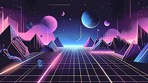 紫色の空に浮かぶ複数の惑星とグリッドの山が描かれたレトロフューチャー背景