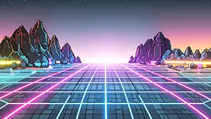 8ビット風の山脈とピンクのグリッド道路が広がるレトロな近未来背景イラスト