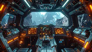 計器がオレンジ色に光るSF宇宙船の操縦席から見た険しい山脈の背景