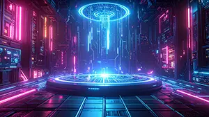 Blue light beam teleport platform in center of dark room with pink neon lights