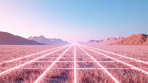 淡いピンクの野原に白い光のグリッドが広がる明るい近未来のデジタル背景