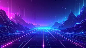 Neon grid floor and digital mountain landscape under a purple starry sky