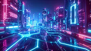 マゼンタとシアンのネオンが輝くビル群と光のラインが走る未来の街路背景