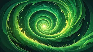 緑色の光と液体が激しく渦を巻いているような抽象的でミステリアスな背景デザイン