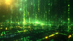 緑色のデジタルデータと光の粒子がマトリックスのように空間を流れるサイバー背景