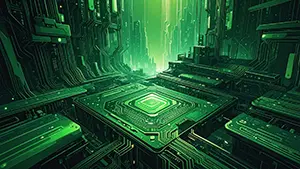 電子回路や基盤の構造が未来都市のように見える緑色のテクノロジー背景