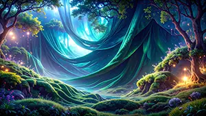 巨大な木々と神秘的な光に包まれたファンタジーで幻想的な緑の森の風景