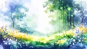 水彩画風の花畑と森に、光るデジタルの数字コードが優しく降り注ぐファンタジー背景