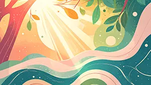 抽象的な木々のシルエットと、中央から斜めに差し込む明るい太陽の光のイラスト。