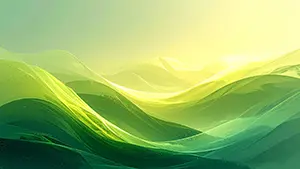 明るい黄緑色と緑色の滑らかな曲線が重なり、太陽光が透けているような爽やかな背景