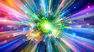 光り輝く緑色の中心点から、色とりどりの光の線が四方に飛び出す閃光背景。