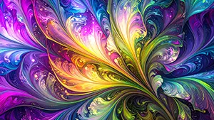 紫や緑、黄色の絵の具が混ざり合い花のように広がる抽象画