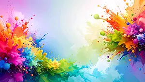 白背景の中央から虹色のインクが爆発するように飛び散るカラフルな背景