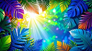 カラフルな南国の葉の間から、強い太陽の光が差し込むデザイン